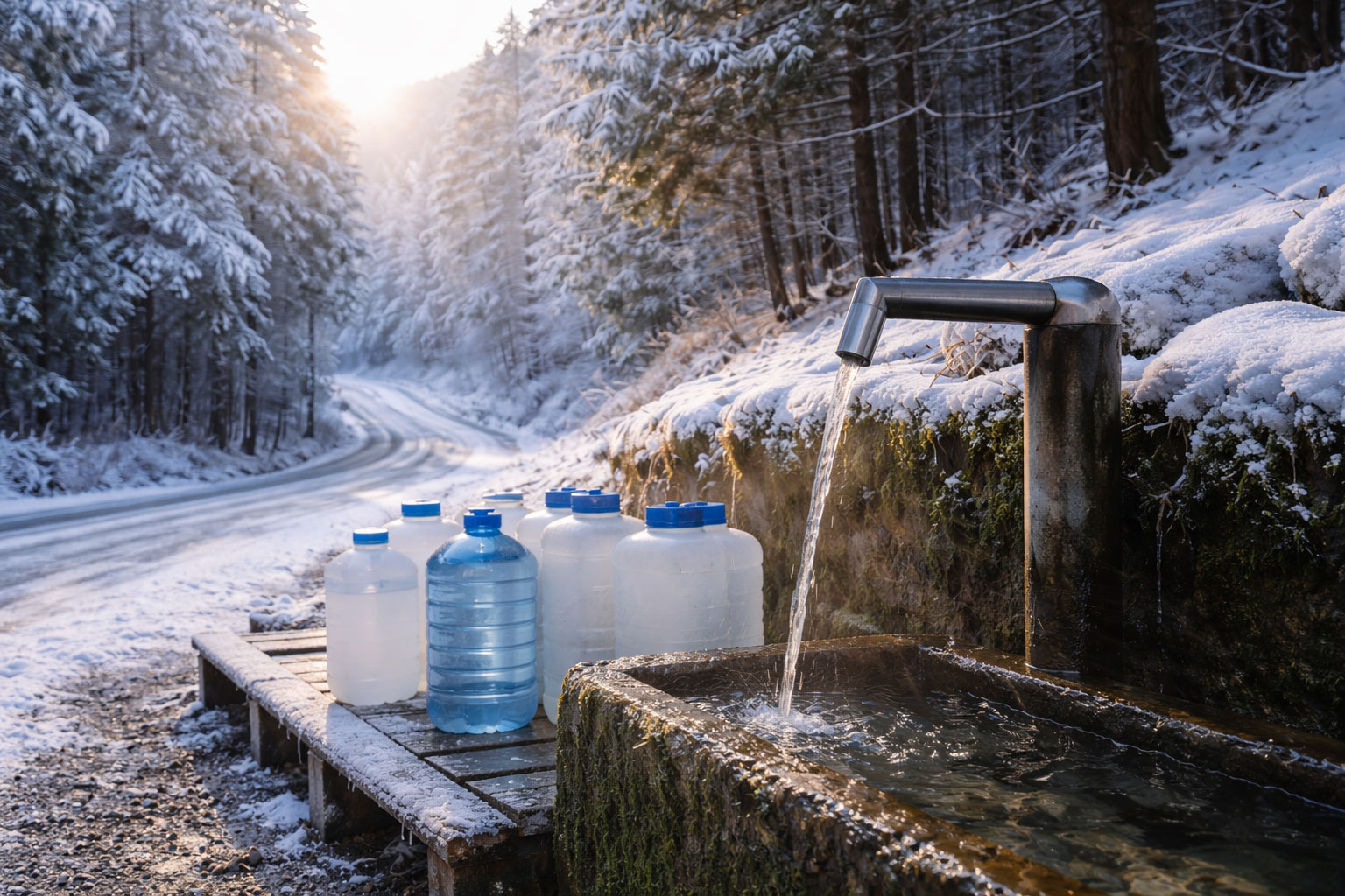 雪景色の中の湧き水